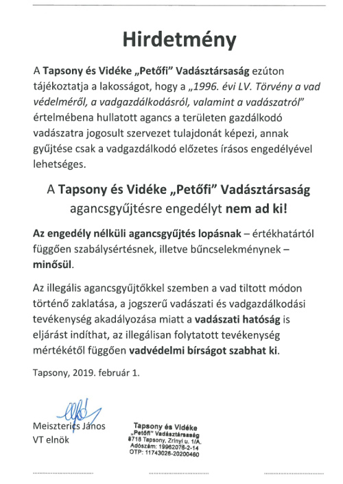 hirdetmeny agancsgyujtes 20190201